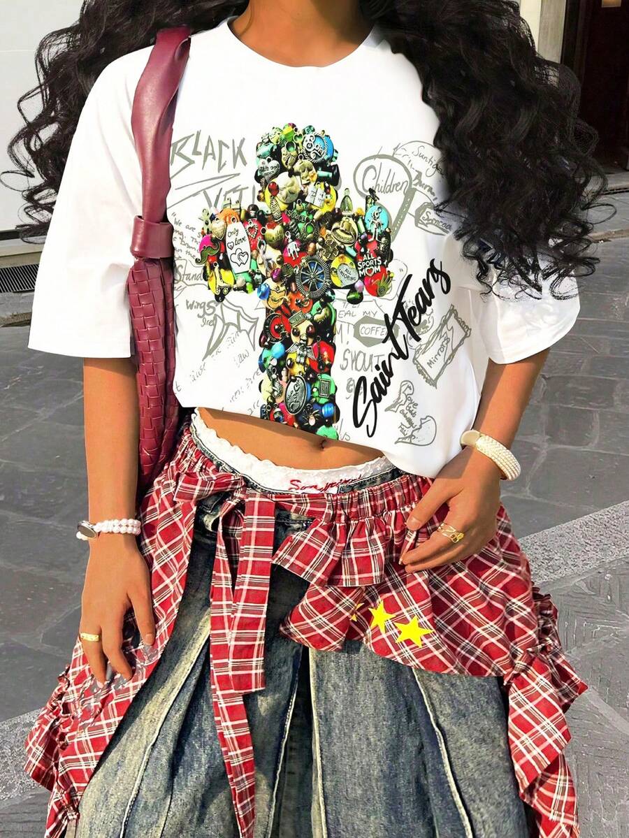 Rovax 宽松版型十字字母印花圆领落肩短袖T恤 - 彩色 - 查看 1