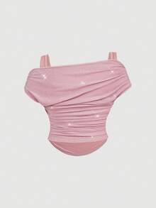 SHEIN MOD Áo nữ cỡ lớn kiểu trễ vai lưới 2 trong 1, thích hợp mùa hè/xuân. Áo cỡ lớn màu hồng nhạt lấp lấp, kiểu trễ vai, thân áo xếp ly, hoàn thiện lấp lánh, cổ áo bất đối xứng, vải co giãn mềm mại, hiệu ứng lấp lánh, dáng áo thanh lịch, eo ôm sát, xếp ly nhẹ nhàng, chất liệu tinh tế, thiết kế nữ tính, viền bóng nhẹ, cảm giác nhẹ nhàng. - Hồng - Xem 3