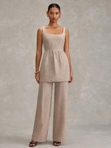 SHEIN Women Two Pieces Outfits Tops And Wide Leg Pant Suit Sets - Brown - View 3