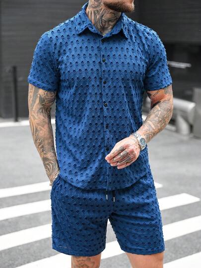 SLATEMANN 男士破洞短袖单排扣衬衫和短裤休闲套装