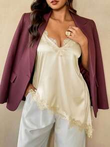 Auralis 黑色蕾丝拼接吊带背心，宽松性感，适合情人节派对、生日宴会/优雅V领吊带背心，大码通勤及浪漫场合皆宜 - 杏色 - 查看 5