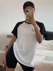 DAZY Letter Graphic Contrast Raglan Sleeve Tee - Black and White - View 2