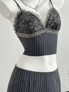 Elamini Women's Elegant Lace Patchwork Striped Camisole & Mini Skirt 2 Pieces Set, Summer - Grey - View 6
