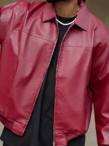 Heavens Edit 男士秋冬落肩长袖拉链红色 PU 皮夹克 - 紅色 - 查看 6