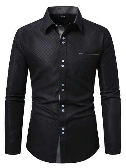 Manfinity Mode Chemise décontractée à manches longues pour hommes avec boutons et poche avant, couleur unie. Chemise à contraste de grille noire et blanche pour hommes. Chemise habillée noire pour hommes avec design texturé de losange, manches longues, boutonnée, décontractée mais chic. Chemises noires pour hommes.