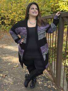 Enliva Plus Size Vacation Colorblock Dip Dye Striped Cardigan, For Winter Fall, For Apple & Rounded Body Shape - Multicolor - View 5