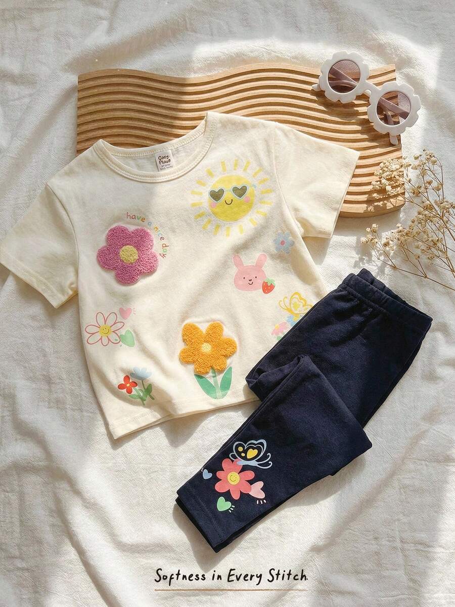 Cozy Pixies 女婴碎花印花柔软针织圆领落肩套头衫和松紧腰裤两件套 - 白色 - 查看 1