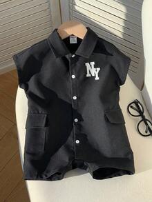 SHEIN 新生儿男女宝宝黑色字母印花翻领短袖连体衣，春夏时尚装扮 - 黑色 - 查看 11