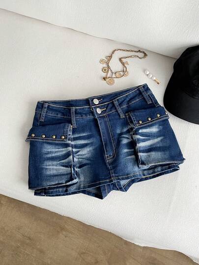 Elamini 女士休闲工装口袋牛仔短裤