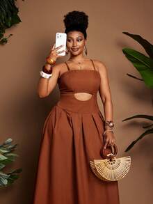 Maweii Plus Size Sexy Spaghetti Strap Hollow Out Pleated Backless Summer Dress - Brown - View 2