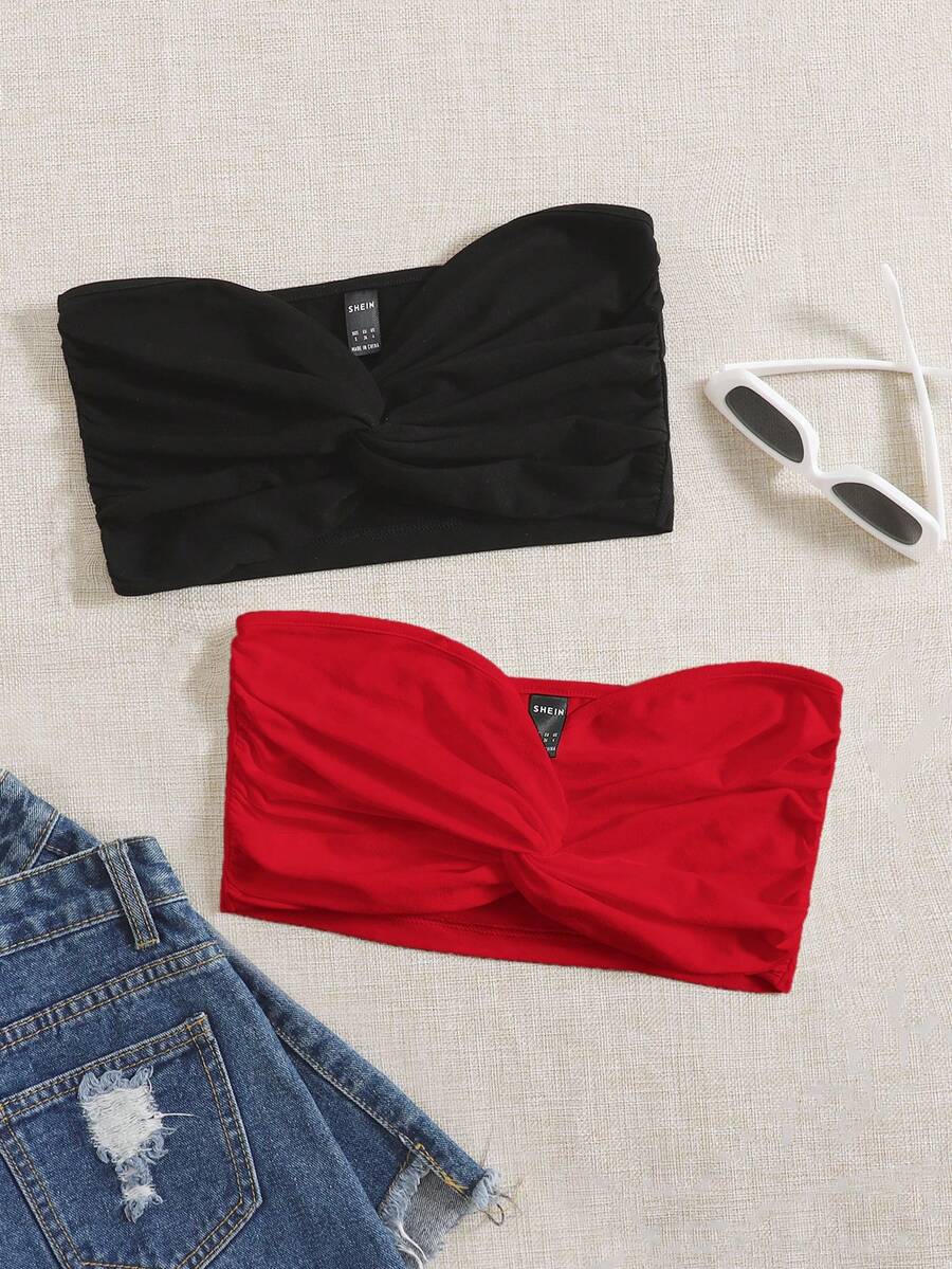 SHEIN Essnce 女士纯色扭纹短款抹胸 - 紅色 - 查看 1