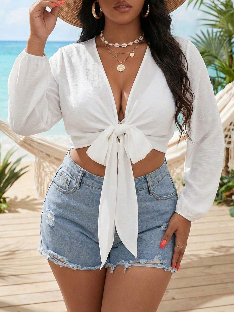 Swim Vcay Plus Size Women's Summer Beach Kimono Swimsuit Cover Up - White - View 1