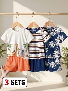 SHEIN Playful Pals 3件套男宝宝度假风可爱动物条纹椰树印花针织短袖上衣搭配松紧腰短裤，适合男宝宝休闲穿着、户外活动、拍照、春夏穿着。 - 彩色 - 查看 9