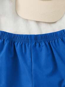 SHEIN Streecool Kids 2件組男孩字母94印花T恤與卡其色工裝短褲，復古休閒套裝 - 藍色 - 查看 8