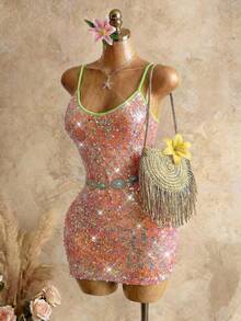 Mistrie Women's Fashion Sexy Sequin Spaghetti Strap Mini Dress - Multicolor - View 5