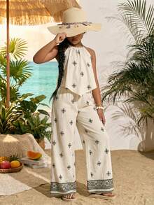 SHEIN 少女度假休闲编织吊带上衣和阔腿裤套装 - 杏色 - 查看 1