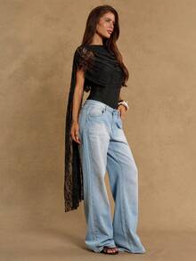 SHEIN BAE 女士优雅蕾丝荷叶边系带连体衣 - 黑色 - 查看 4