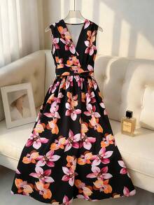 Franclia New Elegant And Slimming Floral Print V-Neck Sleeveless Dress For Women, Perfect For Romantic Holidays. Suitable For Spring, Summer, Autumn, And Winter. Features A Floral Belt With A Bow. Also Suitable For Women's Summer Wear. Black Dress For Women, Perfect For Beachwear. Vintage Dresses For Woman Lovely Dress Dinner Dresses For Vacation Floral Formal Dresses For Women Fashion Dress V-Neck Dress Maxi Dress Printed Dress Floral Dress - Multicolor - View 7