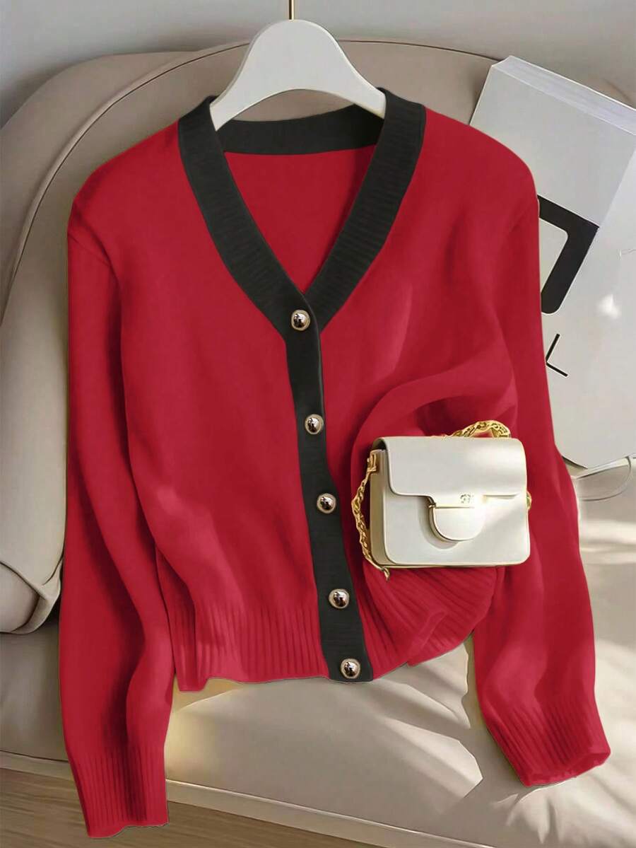 SHEIN Franclia 新款春秋季修身简约韩版撞色V领开衫，活力青春，百搭女款 - 紅色 - 查看 1