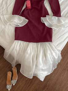 INAWLY Women's Color Block Square Neck Long Sleeve Ruffle Hem Dress - Burgundy - View 4