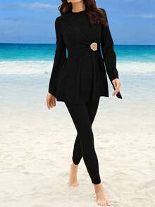 Swim Mulvari Bộ đồ bơi Burkini tay dài dáng xòe màu trơn dành cho nữ, trang trí vỏ sò vàng. - màu đen - Xem 8