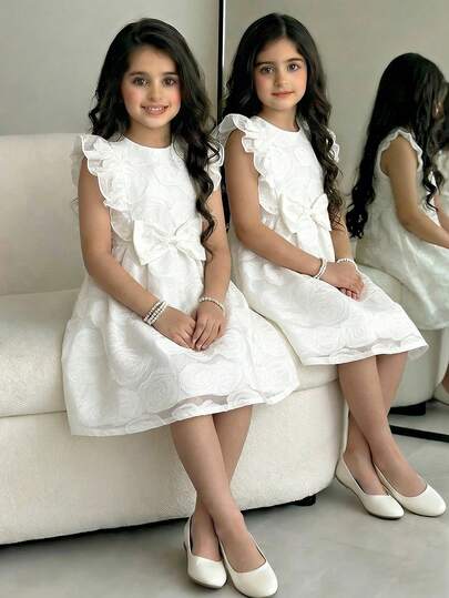 Young Girl Butterfly Decor Round Neck Ruffle Hem Party Dress