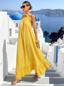 Vivid Eden 女士优雅性感3D立体花卉露背系带连衣裙，适合度假休闲穿着 - 黃色 - 查看 4