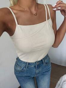 FRIFUL Asymmetrical Neckline Bodycon All-Match Cami Top With Knitted Ribbing - Apricot - View 11