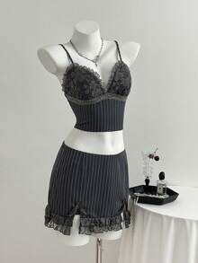 Elamini Women's Elegant Lace Patchwork Striped Camisole & Mini Skirt 2 Pieces Set, Summer - Grey - View 4