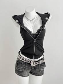 Elamini Y2K Style Sleeveless Hollow Out Hooded Cropped Zip-Up Jacket For Women, Spring/Summer - Black - View 1
