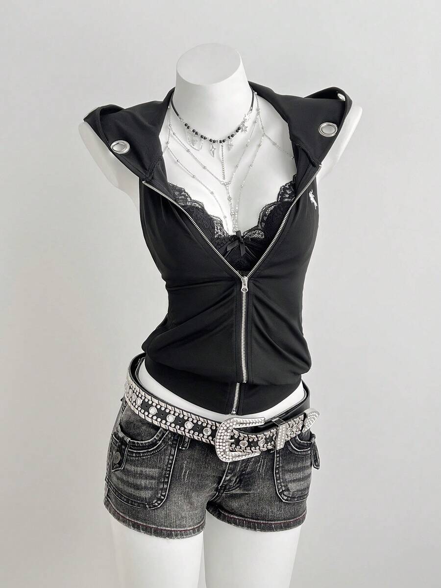 Elamini Y2K Style Sleeveless Hollow Out Hooded Cropped Zip-Up Jacket For Women, Spring/Summer - Black - View 1