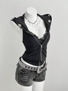 Elamini Y2K Style Sleeveless Hollow Out Hooded Cropped Zip-Up Jacket For Women, Spring/Summer - Black - View 3