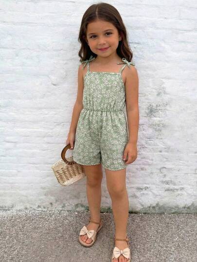 Emery Rose Kids Emery Rose Kids Young Girl Green Floral Print Casual Jumpsuit, Suitable For Daily Wear And Vacation Long Cami Jumpsuit With Ruffle Details Vacation Style Summer Jumpsuit For Girls Stylish Floral Girls Outfit Girls Green Overall Girls Spring Romper Girls Green Floral Set Cami Romper For Girls Girls Floral Romper Kids Summer Romper Girls Green Romper
