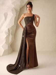 Coutiva Women's Sequin Sash Design Sleeveless Formal Evening Gown - Brown - View 6