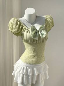 Elamini 女士甜美可爱休闲日常穿搭时尚百搭蝴蝶结装饰泡泡短袖露脐T恤，春夏款 - 綠色 - 查看 8