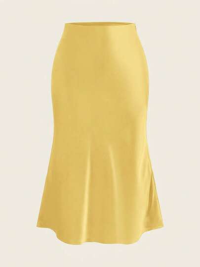 SHEIN PETITE Black High Waist Solid Color Skirt With Satin Texture Suitable For Dance And Daily Wear