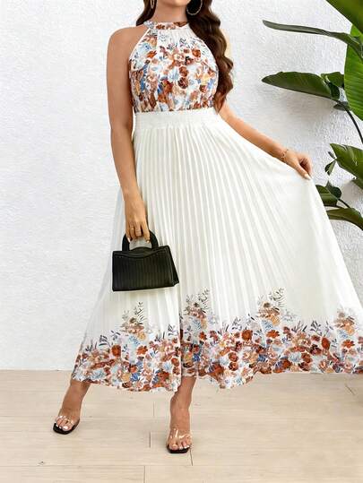 Franclia Plus Size Women Floral Print Pleated Dress, Elegant Floral Printed Dress, Graceful Long Dress