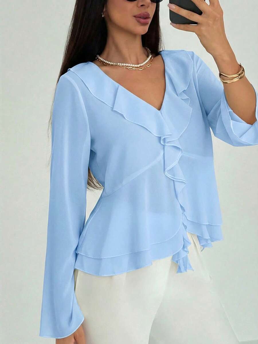Aloruh Blusa ajustada de manga larga con volantes, cuello en V profundo y puños acampanados, de estilo bohemio, para uso diario y de oficina, de moda minimalista para mujer - Celeste - Ver 1