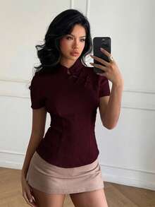 Aloruh 杏色新款中式立领短袖束腰衬衫，春夏新款女装 - 酒紅色 - 查看 8