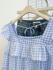 Resyla 秋季新款可爱荷叶边下摆女式衬衫 - 淺藍色 - 查看 5