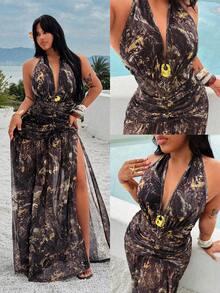 Rustia Sexy V-Neck Printed Fitted Elegant Bodycon Halter Dress - Brown - View 1