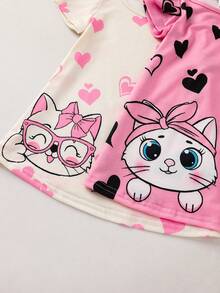 SHEIN 女婴可爱卡通猫咪印花圆领短袖针织睡衣两件套，夏季 - 彩色 - 查看 4