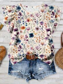 SHEIN VCAY Áo sơ mi nữ cỡ lớn kiểu dáng thường ngày thanh lịch cổ điển phong cách nghỉ lễ nhiệt đới giả len họa tiết hoa cổ tròn hai lớp tay ngắn bồng bềnh, quần áo mùa hè nữ, áo kiểu nữ sang trọng, trang phục thường ngày nữ, trang phục mùa xuân nữ, trang phục hoa cho nữ, trang phục mùa hè nữ, áo nữ mùa hè, áo nữ thường ngày, áo ngắn tay nữ, áo hoa nữ, áo tay bèo nữ. - Nhiều màu - Xem 1