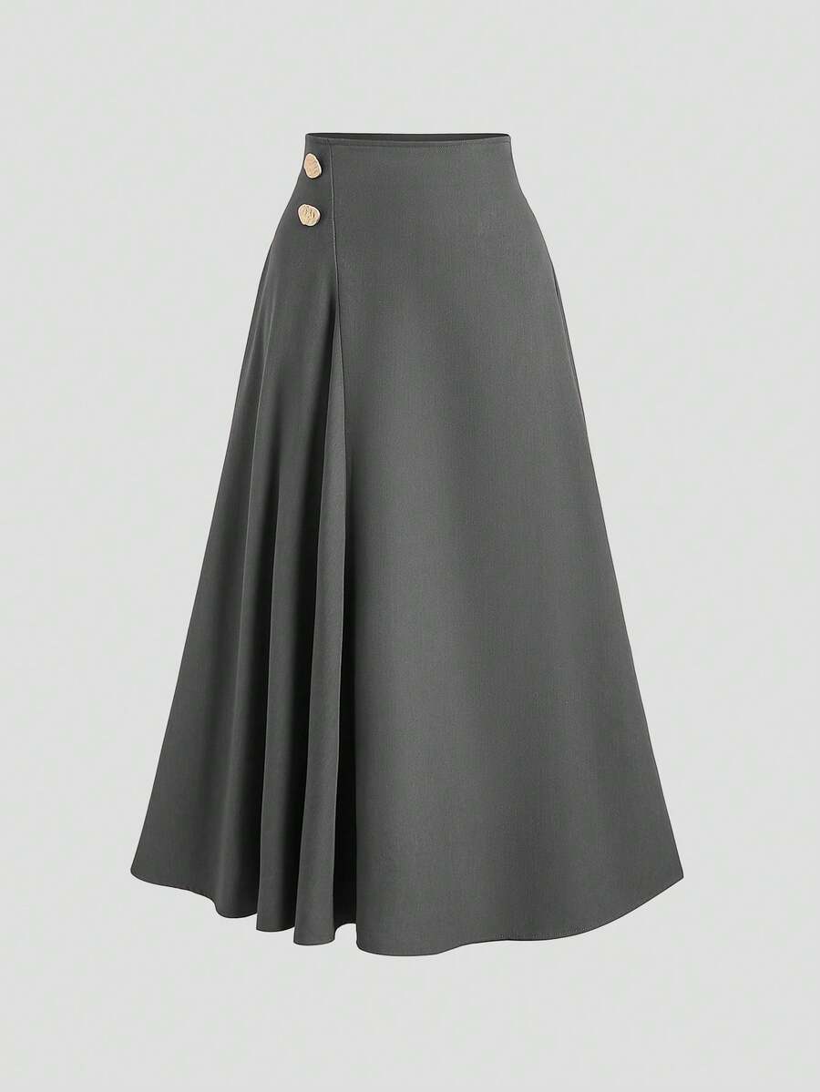 Calvaya Rok A-Line Elegan Ukuran Plus, Modis, Mewah, untuk Komuter, dengan Hiasan Gesper Logam dan Lipatan. - Dark Grey - View 1