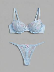lacRébo Bộ đồ lót lưới xuyên thấu thêu hoa màu xanh dương gồm áo ngực có gọng và quần lọt khe cùng màu, gợi cảm và sành điệu. - Màu xanh nhạt - Xem 7