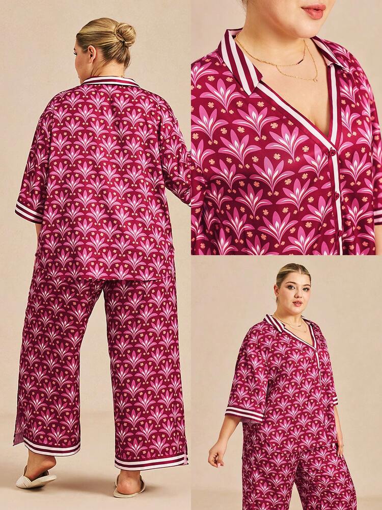 Plus Size Women's Burgundy Satin Sleep Se