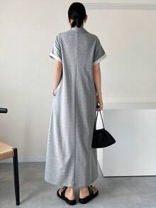 FRIFUL 女士高领直筒中长连衣裙，适合夏季都市通勤 - 灰色 - 查看 6