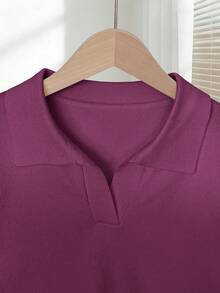 Franclia Women's Simple Solid Color Turndown Collar Short Sleeve Casual Fitted Knit Top, Versatile For Spring/Summer - Red Violet - View 3