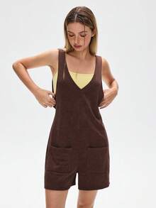 SHEIN 女士纯色无袖连体裤，带双口袋 - 棕色 - 查看 3