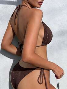 SHEIN Swim Solid Color Halter Tie Bikini, Fashionable Swimsuit Set For Summer - Coffee Brown - View 2